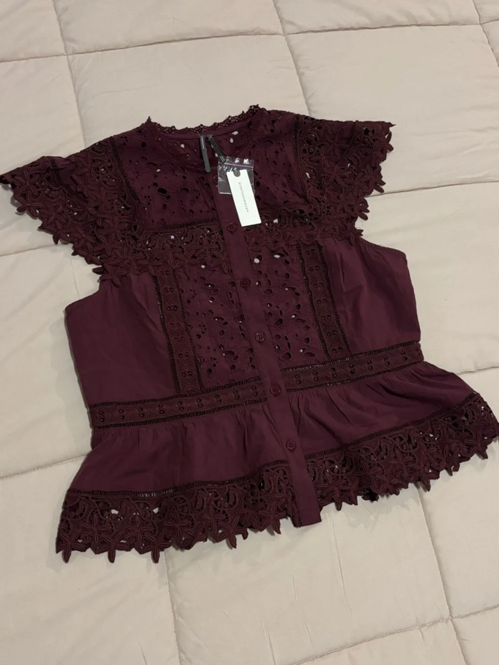 Anthropologie Sleeveless High-Neck Lace-Inset Blouse | Eyelet Button-Front Top - Picture 3 of 12